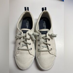 Sperry Women’s White Canvas Boat Shoes with Navy Heel Tabs